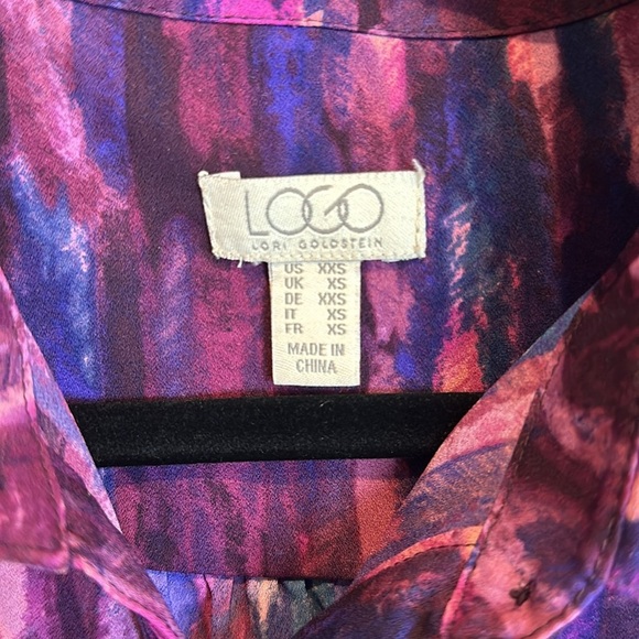 LOGO purple/pink/blue print long sleeve button down peplum style top size XXS - Picture 2 of 3